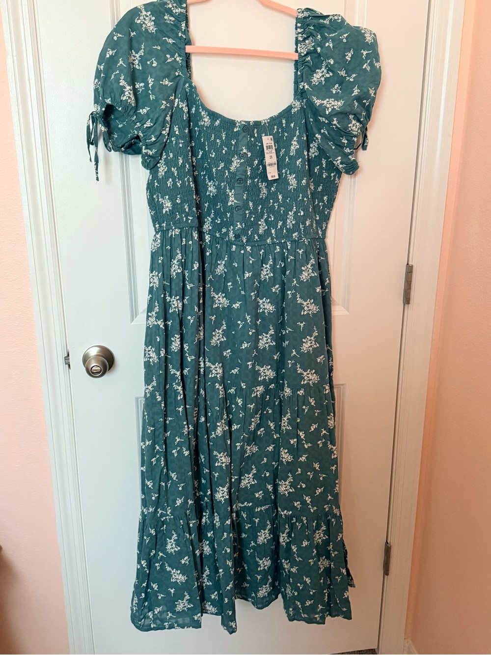 Smocked Puff-Sleeve Maxi Dress in Teal Floral
